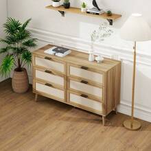 Kommode in Walnussfarbe mit Rattangeflecht und sechs Schubladen, Länge 118,5 cm, Kiefernholz-Füße, geeignet für Schlafzimmer, Wohnzimmer, Arbeitszimmer und andere Räume