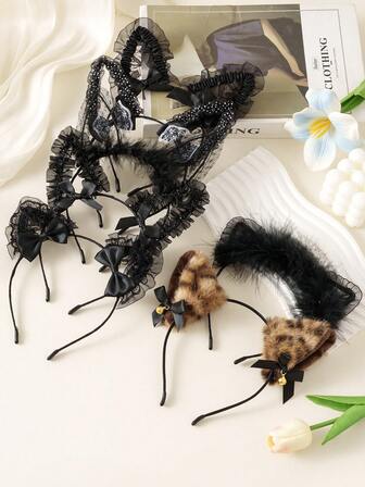 1件装女士发箍，饰有可爱豹纹、猫耳、兔耳、黑色蕾丝蝴蝶结，性感兔耳毛绒头饰，适合万圣节、生日派对、节日、角色扮演等场合，可作为发夹配饰，美观实用，也可作为发箍或发带使用。