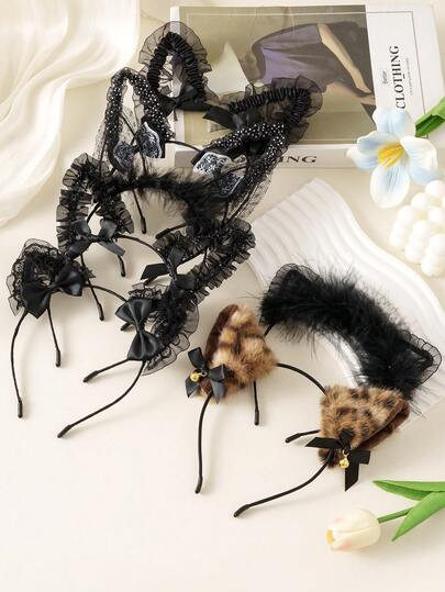 1件装女士发箍，饰有可爱豹纹、猫耳、兔耳、黑色蕾丝蝴蝶结，性感兔耳毛绒头饰，适合万圣节、生日派对、节日、角色扮演等场合，可作发夹、发箍、发带等，是夏季、假日和旅行的理想选择。