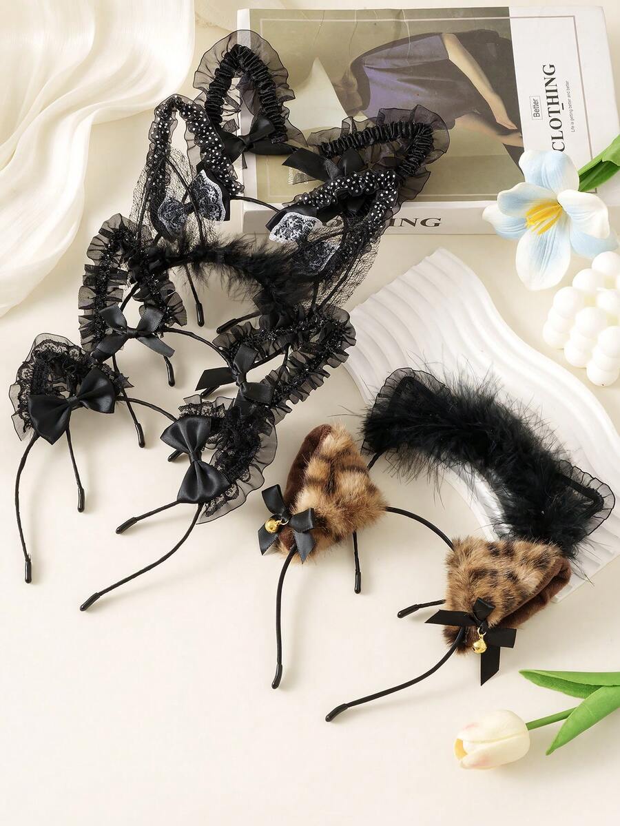 1pc Women's Headband With Cute Leopard Print, Cat Ears, Rabbit Ears, Black Lace Bow, Sexy Bunny Plush Costume Headpiece, Beauty, Hair Accessories - Black - View 1