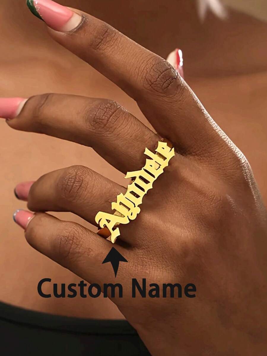 1pc Customized Personalized Double Finger Name Ring, Stainless Steel English Letter Couple Open Ring, Perfect Gift For Friends, Family, Relatives, Lovers, And Christmas - Multicolor - View 1