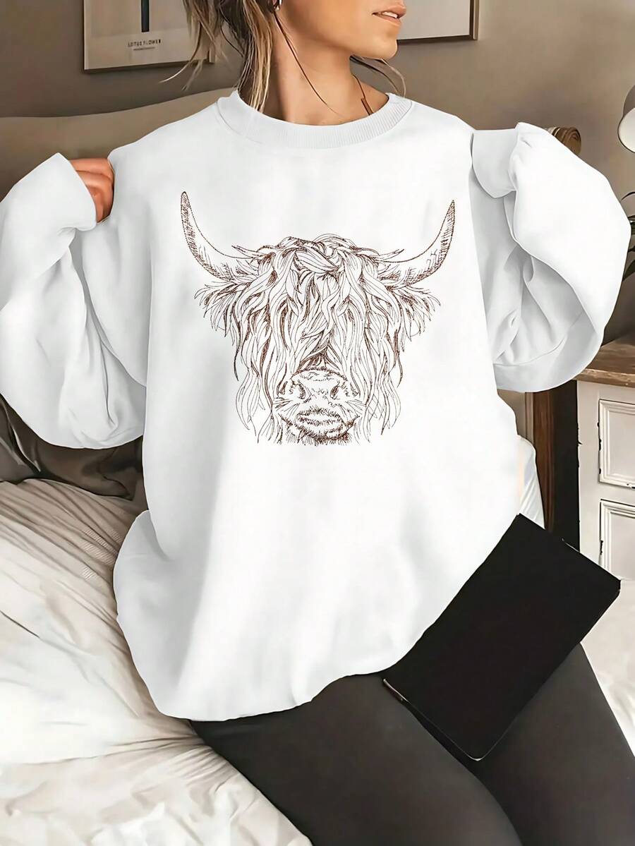 Winter Clothes For Women Winter Clothes For Women 230gm² Casual Polyester Knit Fabric 1pc Cow Print Crew Neck Sweatshirt - Women'S Highland Animal Pattern Pullover For FallWinter - 白色 - 查看 1