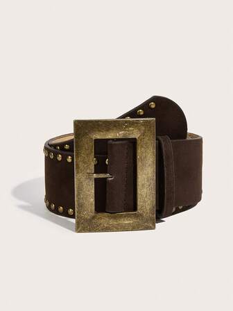 1pc Women's Vintage Copper Square Buckle Velvet Waist Belt, Suitable For Dresses And Coats