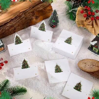 15/30 张圣诞树座位卡 - 节日餐桌和带有金色点缀的名片，非常适合圣诞节和新年庆祝活动，纸质材料，圣诞装饰品，姓名标签，桌卡，桌位标签，姓名座位卡，桌明信片，桌卡标签