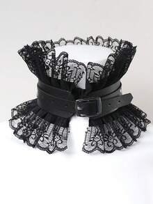 1pc Punk Style Round Metal Ring Leather Choker Necklace - Black XQ-115 - View 4