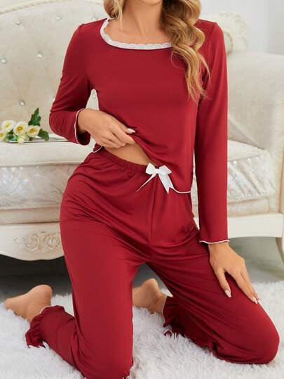 2pcs/Set Girls Red Lace Patchwork Square Neck Long Sleeve Elastic Waist Pants Pajama Set, Spring/Autumn