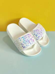 1 par de chanclas casuales con brillo para niñas, planas y suaves con mucho brillo, adecuadas para el hogar, exteriores, playa, piscina, fiestas, todo el año
