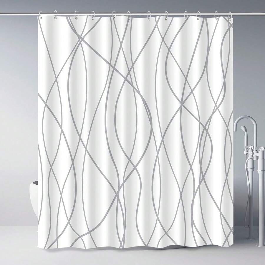1pc Grey-White Striped Graphic Print Shower Curtain, Weighted Hem Design, 72x72 Inch Size, 100% Polyester Fabric, With Waterproof, Machine-Washable, Easy-Hang & Hotel-Style Functions, Minimalist Casual Style, Shower Curtain, Suitable For Bathroom Decor, Home Bathrooms, Hotels, Daily Use, All-Season Wear, Bath Accessories Matching, Comes With Hooks - A - 查看 1