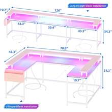 Escritorio para juegos Jojoka en forma de U, reversible en forma de L con tomas de corriente, tira LED y soporte para monitor, escritorio esquinero grande con estantes para oficina en casa. Pink - Rosa - Ver 5