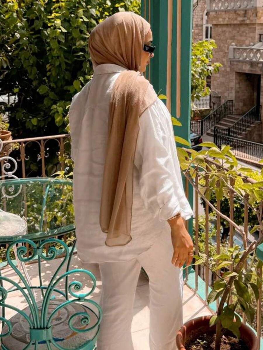 1 Stück Damen Boho-Stil Aquarell Muster Hijab/Schal, geeignet für Outdoor & Alltags Verschleierung - Weiß-Khaki-Farbverlauf - Übersicht 1
