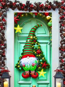1 Stück Weihnachts-Zwerg als Weihnachtsbaum mit Sternen & Lichtern Türbanner, charmanter Stil Polyester Tür - geformte hängende Flagge mit exquisiten Stern-, Ornament- & Kranzdetails, wiederverwendbar & leicht für Veranda, Eingangsbereich Dekoration, ideal für Weihnachtszeit, Familienfeiern & Feiertags-Atmosphäre