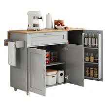132.5*L44(70)*H90cm Mobile Kitchen Table, Folding Countertop, Oak Grain, Multifunctional Cabinet, Spice Rack, Towel Rack, 5 Rolls, Suitable For Kitchen/Dining Room/Home - Gray + MDF + European - View 3
