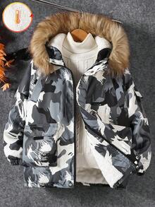 Tween Boy Casual Fashionable Autumn/Winter Thermal-Lined Dark Grey Camouflage Cargo Pocket Padded Coat