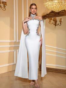 Love Aing Vestido de mujer elegante con adorno de rhinestone de Love Aing, vestido de capa blanco largo de manga larga y cuello alto ajustado, vestido de gala formal para boda, fiesta, banquete