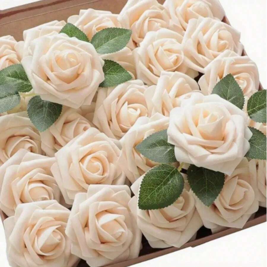 25pcs Champagne Artificial Rose Flower Set, Lifelike Fake Roses Eternal Classic Never Withered, Suitable For DIY Wedding Decoration, Party Centerpiece, Home & Outdoor Decor | Perfect For Thanksgiving, Halloween, Christmas, Valentine's Day, Mother's Day And Holiday Celebrations Floral Arrangement