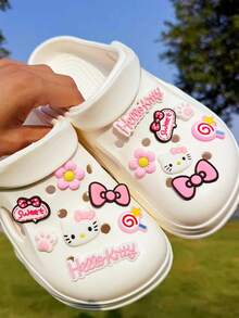 14pcs Sanrio Hello Kitty, Bow, Cat Paw, Lollipop Hollow Shoe Charms, Removable DIY Shoe Decorations Suitable For Slippers, Sandals, Beach Shoes, Beach Bags, Fashion Accessories, Great For Children's Day And Other Special Occasions