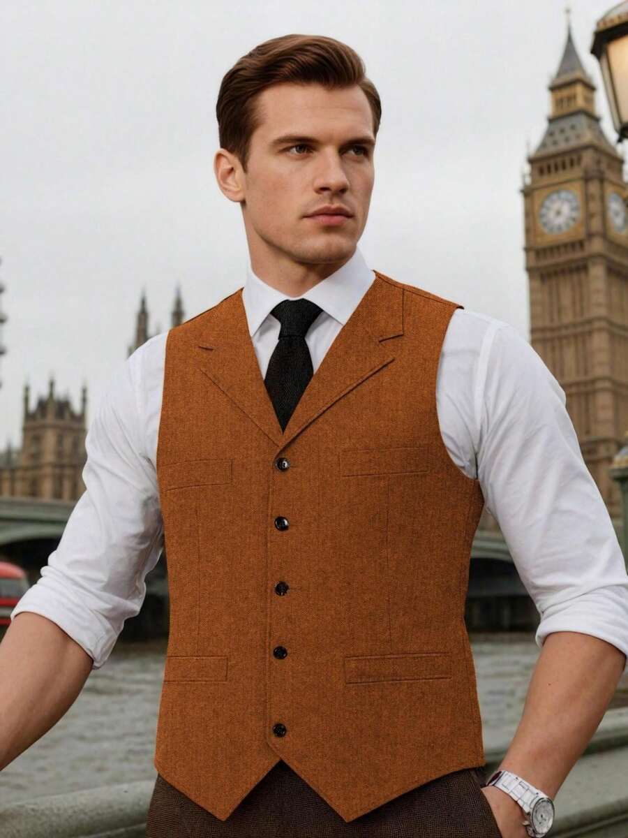 Mens Wool Tweed Vest Classic Herringbone Retro V Neck Suit Vests Sleeveless Jacket Herringbone Waistcoat Tuxedos For Prom - 橘色 - 查看 1