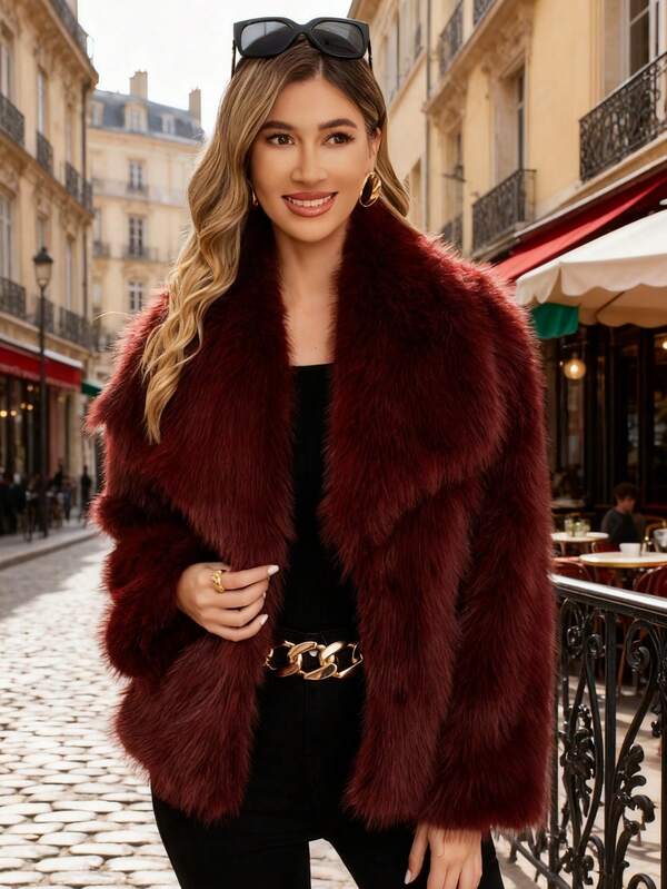 Elegancka damska bordowa kurtka ze sztucznego futra o standardowej długości z długimi rękawami, szykowna odzież wierzchnia z wysokim kołnierzem na jesień i zimę
