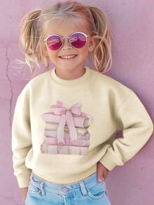 Girls' Back To School Cute Book & Bowknot Print Crewneck Pullover Sweatshirt - Soft, Machine Washable, Versatile - Fall Winter Casual Daily Outfits (New Fall Fashion, Halloween ) - Apricot - View 6
