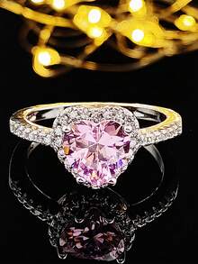 MOONSO 2025 心形粉银色可爱时尚大尺寸承诺戒指女士女孩派对礼物手指免费送货韩国商品 R1707 - 白粉 - 查看 3