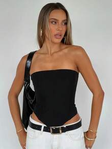Women Bustier Corset Top Y2k Strapless Tie Back Boned Overbust Tube Crop Tops Going Out Club Shapewear - Black - View 2