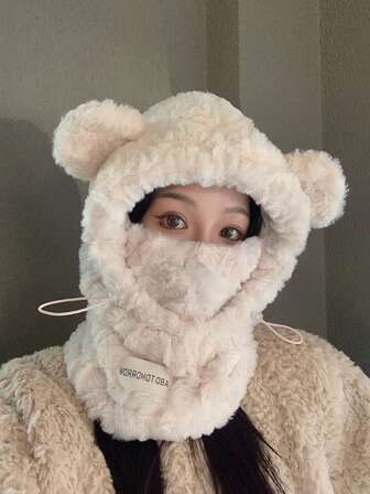 Cute Plush Bear Ear Hat For Women, Thick Warm Earflap Beanie Scarf Set, Winter Windproof Ski Mask