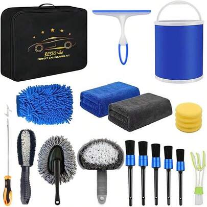 Car Cleaning Kit 20Pcs - Car Washing Kit With 11L Foldable Bucket - Car Cleaning Products 5 Detailing Wheel Brush Car Wash Kit Interior Exterior - Car