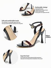 Women's High Heel One-Strap Glossy Design Square Toe Round Ring Hollow Butterfly Decor Thin Strap Buckle Shiny Electroplated Black Stiletto High Heel Party Night Club Outdoor Fashion Exhibition VIP Banquet High-End High-Quality Mirror Material Elegant Luxurious Dignified Black High Heel Sandals, Suitable For Autumn Women's Outfits