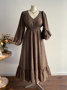 Rusttydustty Sukienka w stylu boho vintage z nadrukiem w panterkę, dekoltem w serek i marszczeniami w talii, idealna na Nowy Rok i Walentynki - Kawowy brązowy - Zobacz 4