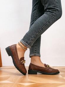 女士乐福鞋，圆头链条平底鞋，户外复古女士平底鞋，复古平底鞋，女士休闲鞋 - 咖啡棕 - 查看 4