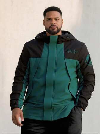 Men's Colorblock Printed Hooded Jacket, Suitable For Spring And Autumn Outdoor Wear