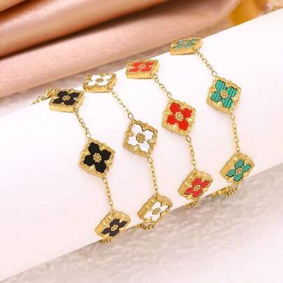 1-Piece Stainless Steel Retro-Style 18k Gold-Plated Bracelet, Featuring A Black And White Enamel Clover Pattern, An Elegant Women's Accessory Perfect For Daily Wear And Gifting.