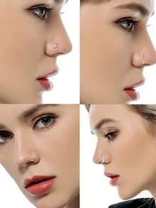 10Pcs Multi-Piece Fashion Versatile Silver, Gold & Rose Gold-Toned Cubic Zirconia Inlaid Floral, Feather Detail Nose Ring Set Unisex For Daily & Festival Celebration