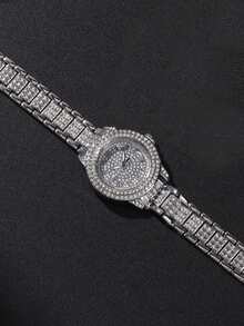 3 Stück/Set modisch & elegant multifunktionale Damen Stahlband Quarz Uhr Set, vollständig mit Strass dekoriert, kombiniert mit Strass Schmuck Armband, geeignet für Abendgalas, Festivals, Partys, Hochzeiten und den täglichen Gebrauch, auch ideal für Schulanfang, Abschluss, Thanksgiving und andere Anlässe, perfektes Geschenk für Frauen - Silber - Übersicht 4