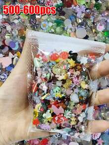 50克/包（500-600个）3D混色美甲装饰品，形状多样，包括爱心、花朵、蝴蝶结等，树脂材质，底部平坦，镶嵌水钻，适用于美甲DIY、工艺品制作和珠宝制作。 - 彩色 - 查看 4
