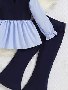 Młoda dziewczyna Plus Size granatowy i jasnoniebieski długi rękaw haftowany serduszkiem polo top + ciemnoniebieskie spodnie dzwony zestaw - Niebieski - Zobacz 4