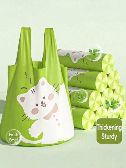 60 Extra-Thick Garbage Bags Cute Green Cat-Shaped Garbage Bags Portable Household Garbage Bags With Mugwort Fragrance Large Kitchen Garbage Bags For Food Waste Economical And Practical Cleaning Bags