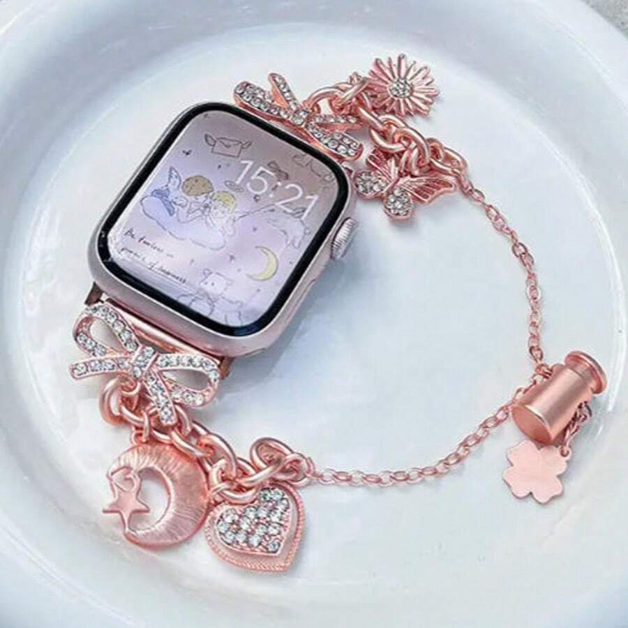 1 Male And Female Inlaid Star And Moon Design Compatible With Apple Watch, Suitable For 38mm, 40mm, 41mm, 42mm, 44mm, 45mm, 46mm, 49mm Men's And Women's Fashion Bracelet Suitable For UltraS10/S11/9/8/7/6/5/4/3/1 Smart Wristbands, Fashionable High-End Metal Wristbands, Color Matching Very Smart Wristbands (Not Included In The Watch)