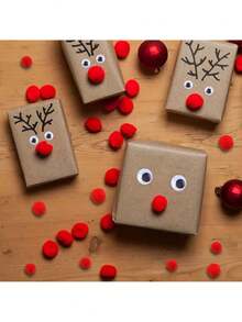 500/400/300 Stücke Weihnachts-Rentier Bastelset - beinhaltet braune Fellstreifen, bewegliche Augen und rote Bommel - perfekt für DIY Weihnachtsdekoration und Geschenke, Rentier Weihnachtsdeko und Bastelzubehör