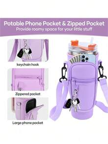 40盎司玻璃杯套，保温杯套，氯丁橡胶杯套，车载把手杯套，带可调节肩带，适合户外旅行、健身、日常使用。水壶袋带手机袋，适用于40/30盎司玻璃杯，带提手、可调节肩带和钥匙钩，适合徒步、露营、运动。保温水壶袋，饮料架 - 彩色 - 查看 5