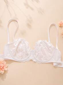 Wingslove 女士薄纱蕾丝花卉图案文胸，无衬垫无钢圈半罩杯文胸 - 白色 - 查看 6