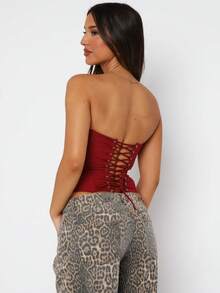 Women Bustier Corset Top Y2k Strapless Tie Back Boned Overbust Tube Crop Tops Going Out Club Shapewear - 紅色 - 查看 1