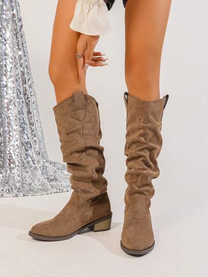 2025 Neue Vintage V-Ausschnitt Bequeme Quadratische Absatz Lässig Vielseitige Damen Spitze Zeh Klobige Absatz Plissee Hohe Stiefel