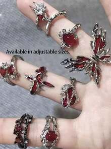 8pcs/Set Unique Combination Rings With Red Butterfly, Heart & Dotted Rhinestone Decor - Multicolor - View 2