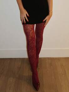 Women Lace Sheer Pantyhose Fishnet Stocking Black Floral Tight Legging Stockings Small Hole High Waist Lace Pantyhose Party Clubwear - 紅色 - 查看 2