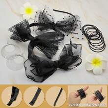 Women's 80s Fancy Costume Accessory SetConcert Outfit With Bow Headband Cross Necklace Lace Gloves Circle Earrings Black Rubber Bracelet 80s Retro Party Punk Rock 1980s Fashion Lookgift - 如圖 - 查看 5