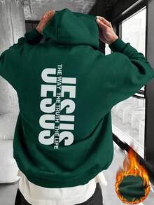 K-GLORY 男士抓绒连帽衫，新款秋冬街头风英文标语印花套头卫衣 - 綠色 - 查看 3