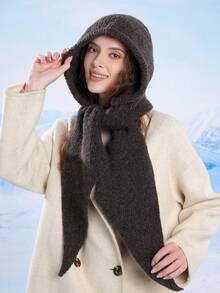 Women's Oversized Shawl Balaclava Hat, Knitted Hat Scarf Set, Solid Color Casual Winter Warm Hat With Pocket, Suitable For Daily, Skiing, Hiking, Vacation - Multicolor - View 6