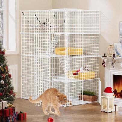 Cage Indoor Enclosures 3 - Tiers Playpen, Cage With Metal Wire Dense, Kennel With Large Hammock 1 - 2 Cats, Chinchilla, Rabbit, Small Animal, 72x72x10