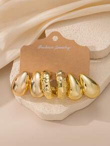 6-18pcs/Set New Asymmetrical CCB Gold Lightweight Earring Set, Textured C-Shape And Teardrop Designs, Versatile Everyday Wear For Women - Gold - View 5